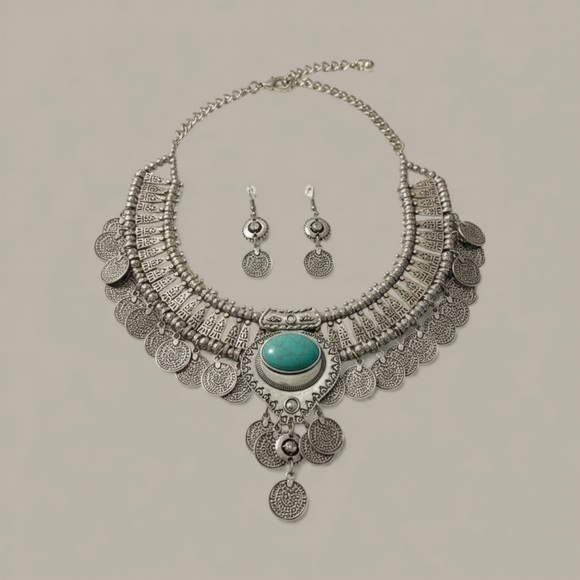 NWT Silver Coin Statement Necklace & Earrings Set with Turquoise Accent - Picture 4 of 14